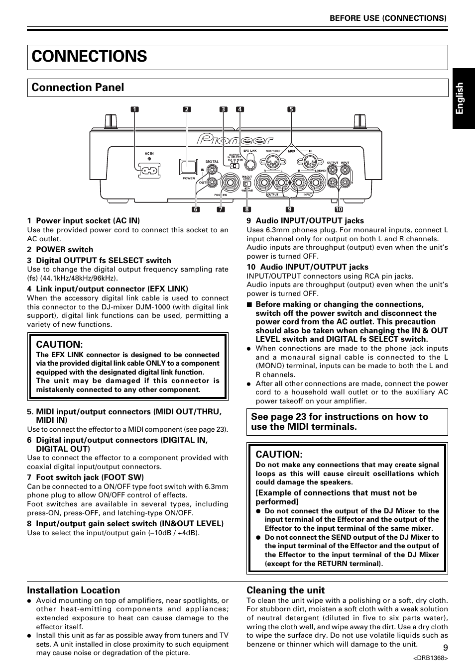 Connections, Connection panel, English | Caution, Installation location, Cleaning the unit | Pioneer EFX-1000 User Manual | Page 9 / 159