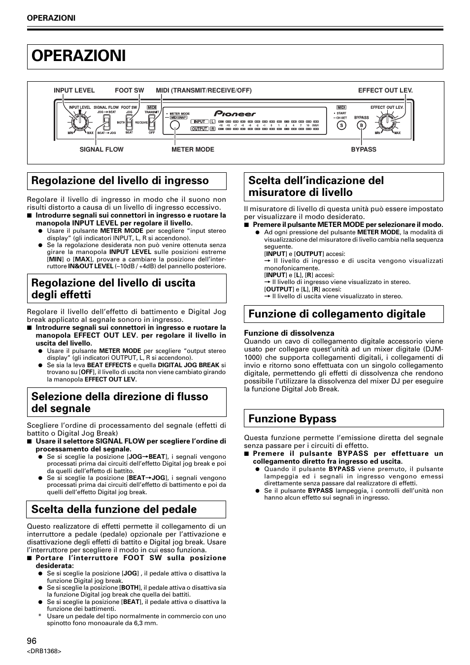 Operazioni, Regolazione del livello di ingresso, Regolazione del livello di uscita degli effetti | Selezione della direzione di flusso del segnale, Scelta della funzione del pedale, Scelta dell’indicazione del misuratore di livello, Funzione di collegamento digitale, Funzione bypass | Pioneer EFX-1000 User Manual | Page 96 / 159