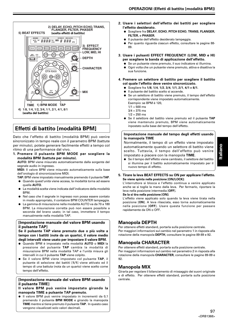 Effetti di battito [modalità bpm, Italiano, Manopola depth | Manopola character, Manopola mix | Pioneer EFX-1000 User Manual | Page 97 / 159