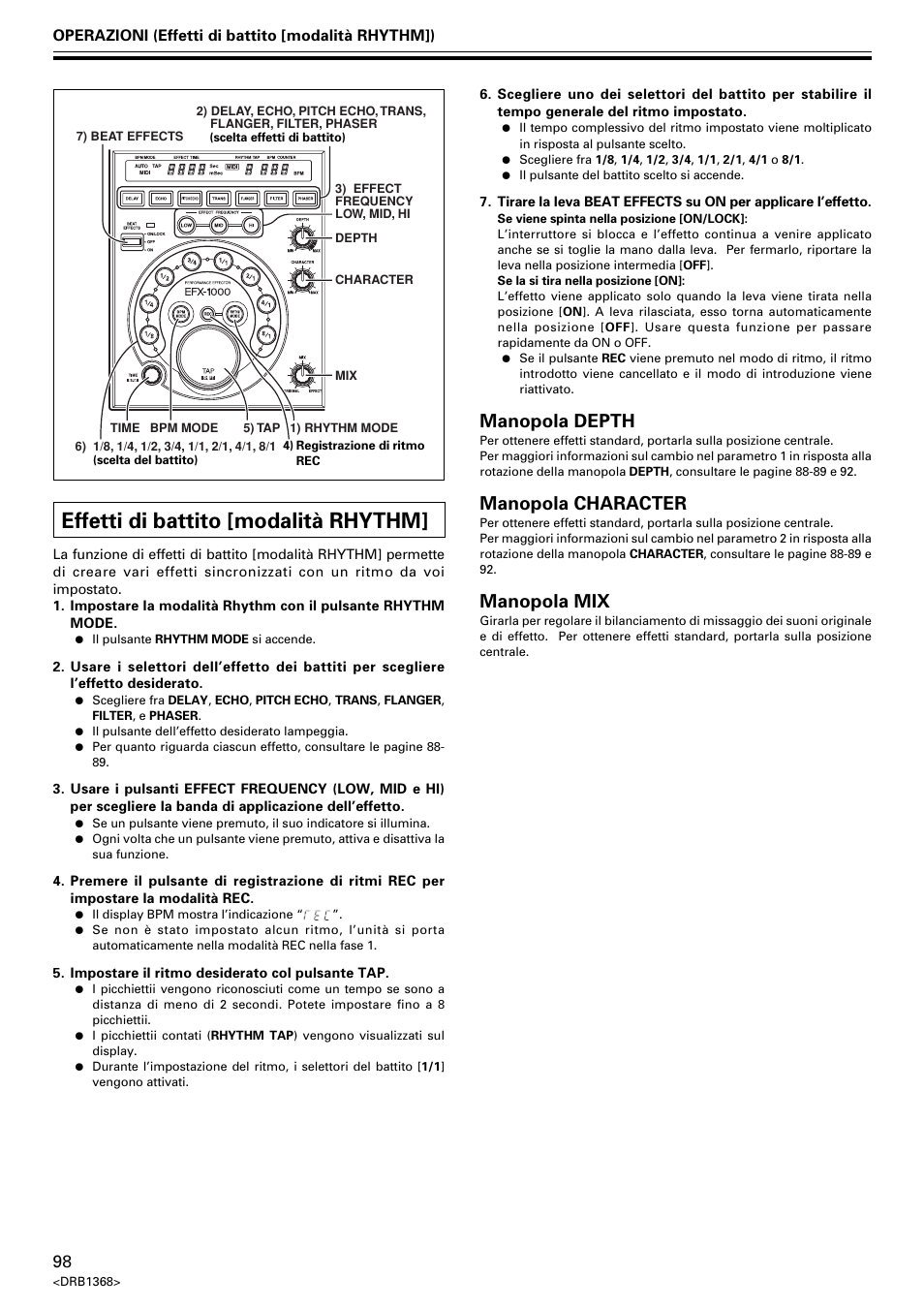 Effetti di battito [modalità rhythm, Manopola depth, Manopola character | Manopola mix | Pioneer EFX-1000 User Manual | Page 98 / 159