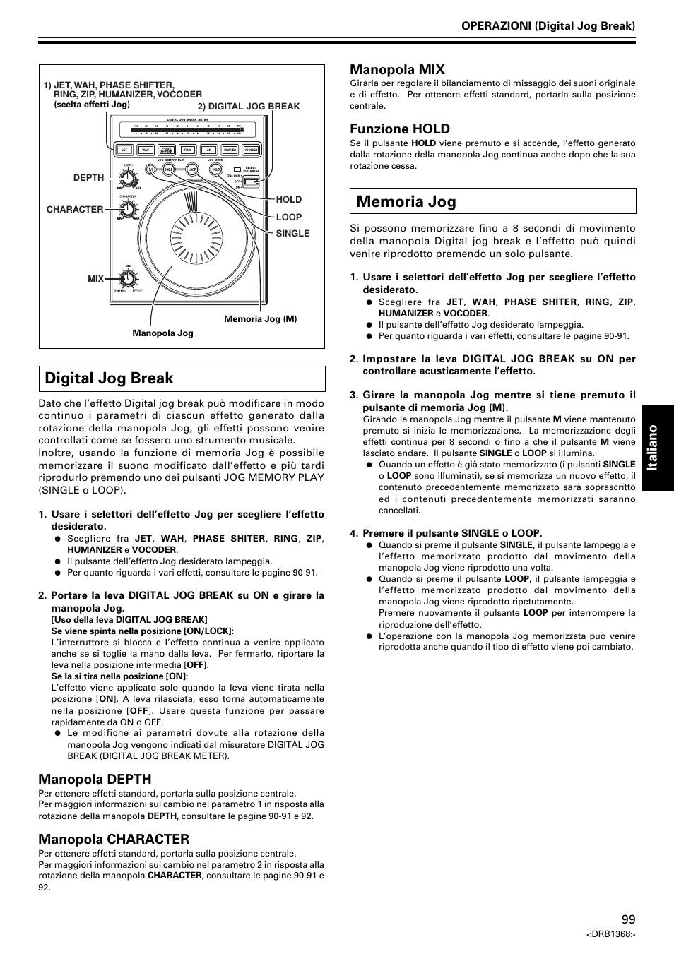 Digital jog break memoria jog, Digital jog break, Italiano | Manopola depth, Manopola character, Manopola mix, Funzione hold | Pioneer EFX-1000 User Manual | Page 99 / 159