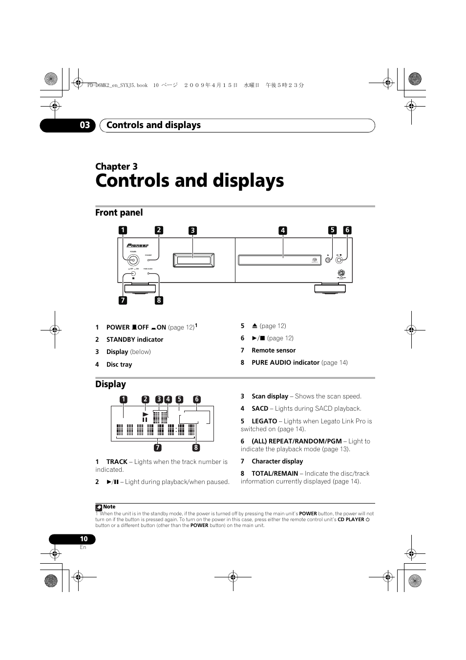 Front panel, Display, Controls and displays | Controls and displays 03, Chapter 3 | Pioneer PD-D6MK2-K User Manual | Page 10 / 128