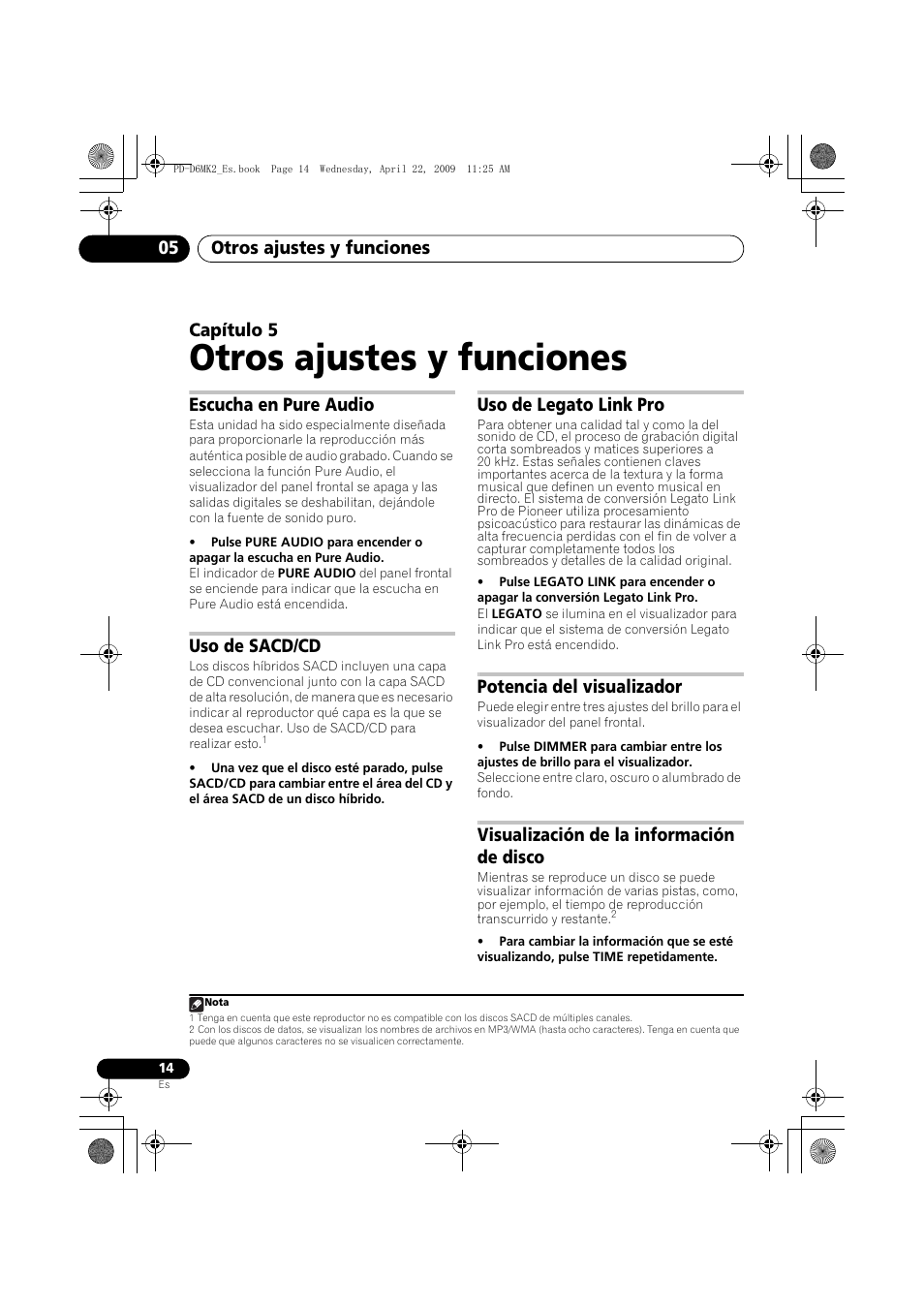 Escucha en pure audio, Uso de sacd/cd, Uso de legato link pro | Potencia del visualizador, Visualización de la información de disco, Otros ajustes y funciones, Otros ajustes y funciones 05, Capítulo 5 | Pioneer PD-D6MK2-K User Manual | Page 104 / 128