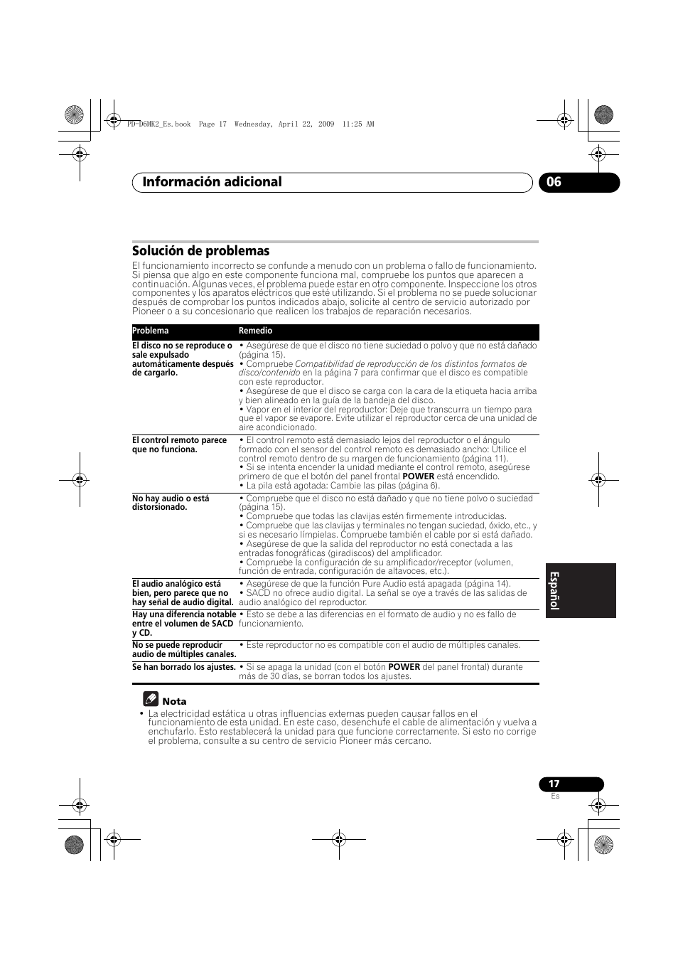 Solución de problemas, Información adicional 06 | Pioneer PD-D6MK2-K User Manual | Page 107 / 128