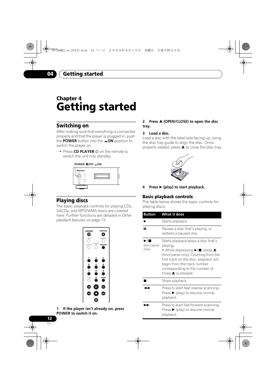 Switching on, Playing discs, Getting started | Getting started 04, Chapter 4, Basic playback controls | Pioneer PD-D6MK2-K User Manual | Page 12 / 128