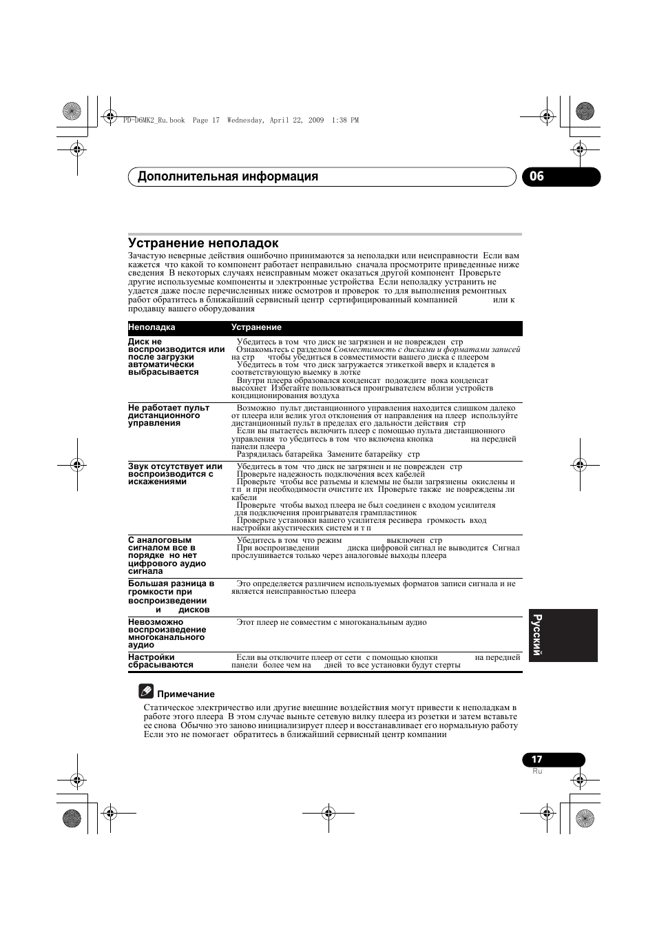 Устранение неполадок, Дополнительная информация 06 | Pioneer PD-D6MK2-K User Manual | Page 125 / 128