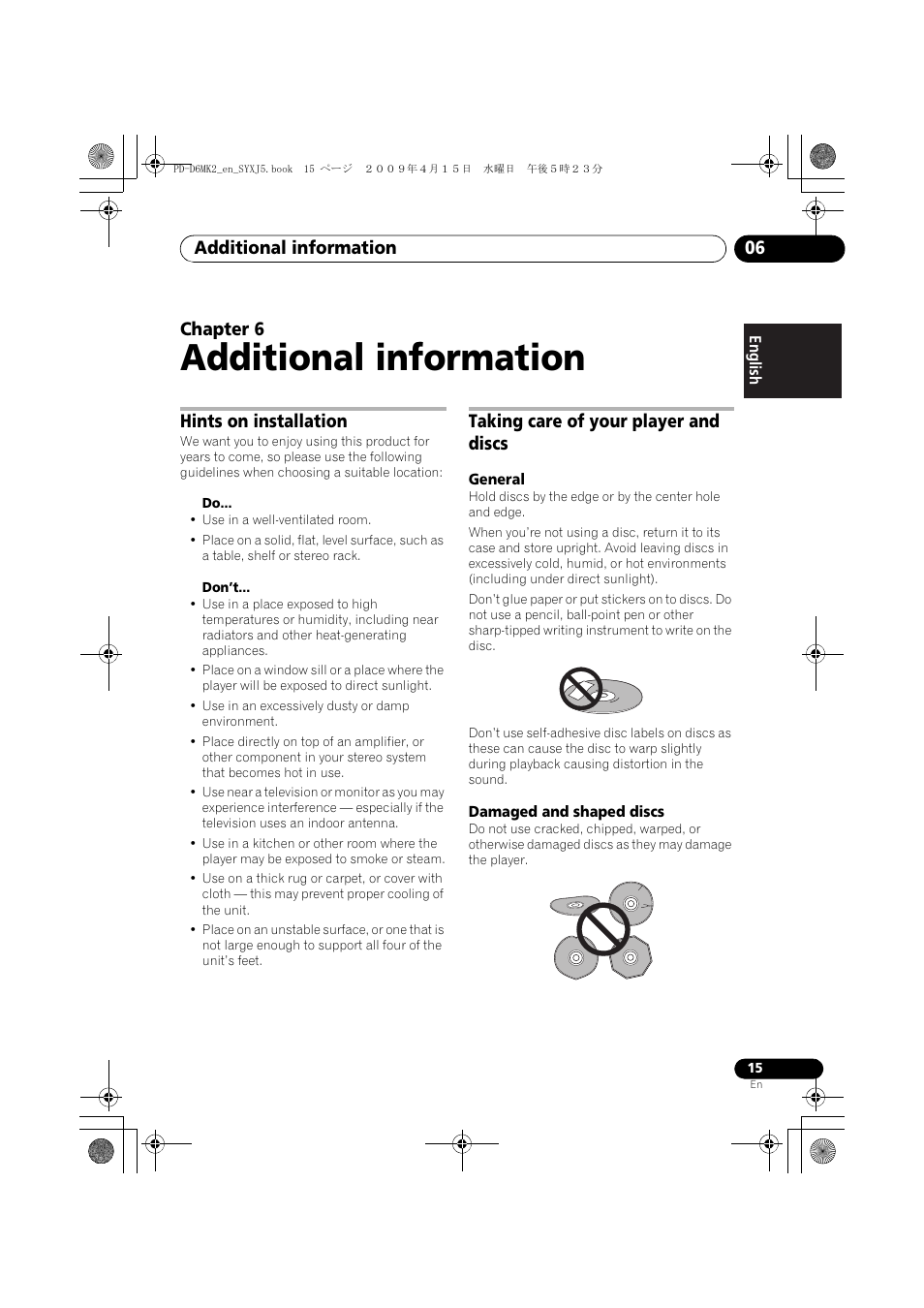 Hints on installation, Taking care of your player and discs, Additional information | Additional information 06, Chapter 6 | Pioneer PD-D6MK2-K User Manual | Page 15 / 128