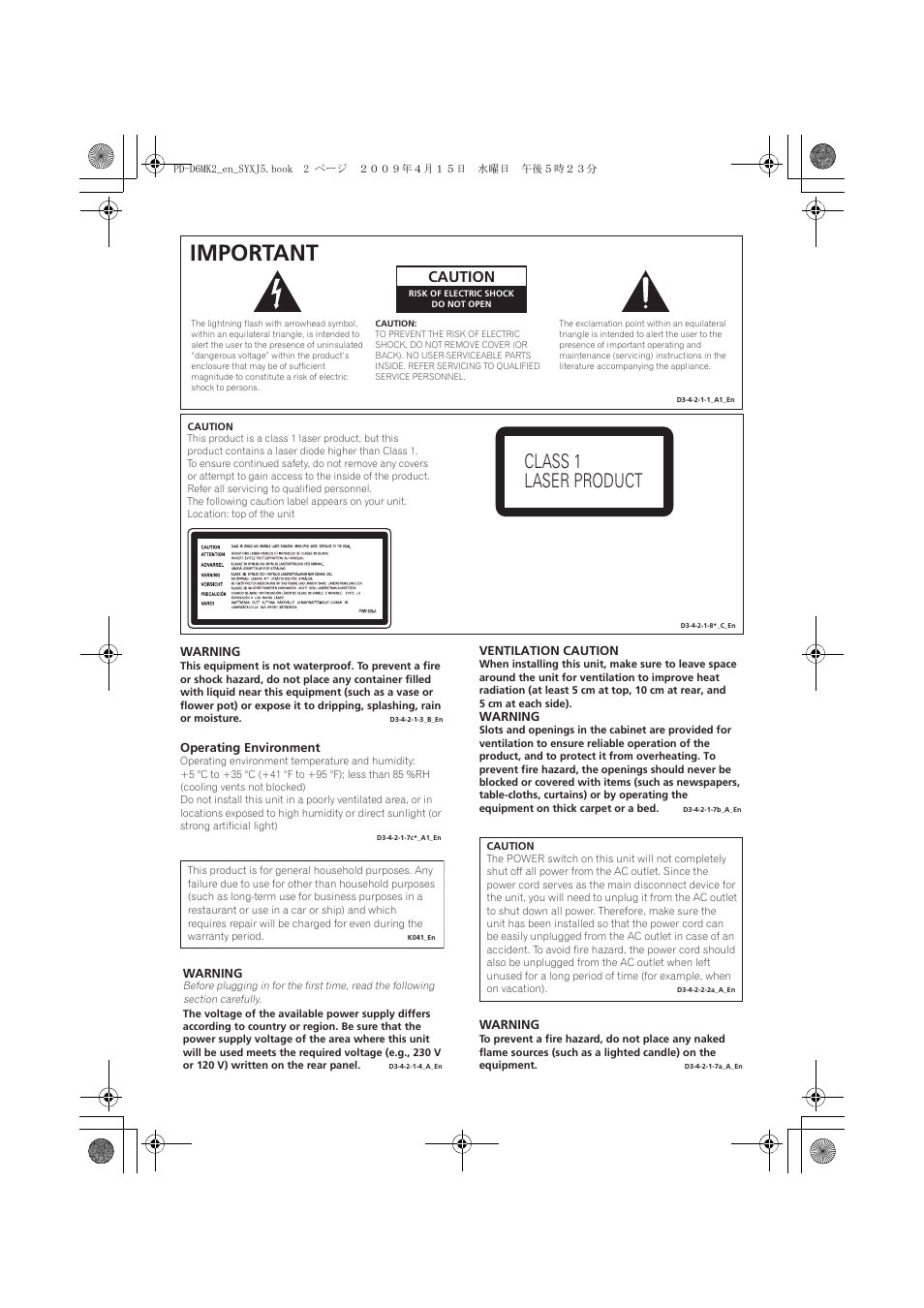 Important, Class 1 laser product, Caution | Pioneer PD-D6MK2-K User Manual | Page 2 / 128