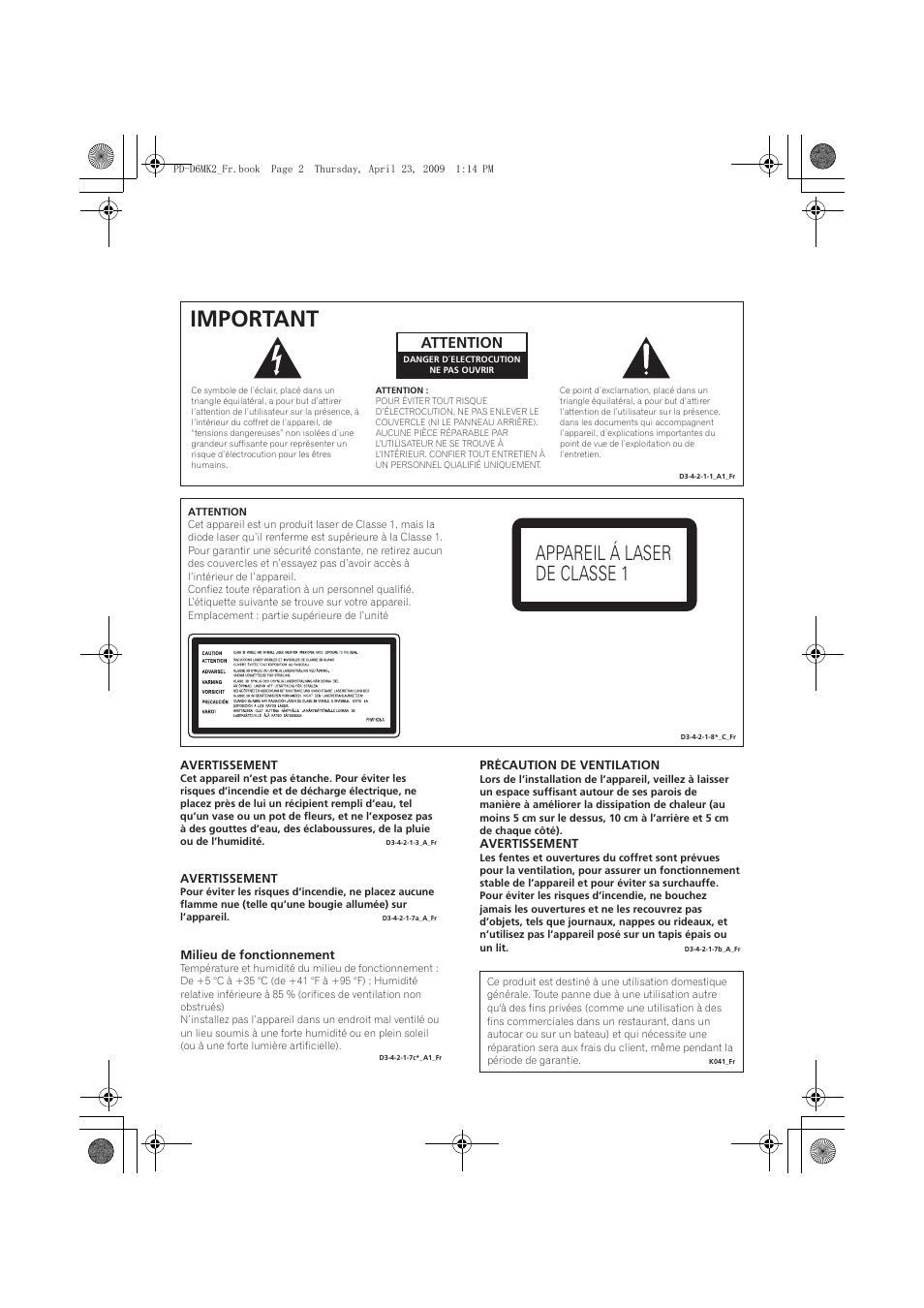 Important, Appareil á laser de classe 1, Attention | Pioneer PD-D6MK2-K User Manual | Page 20 / 128