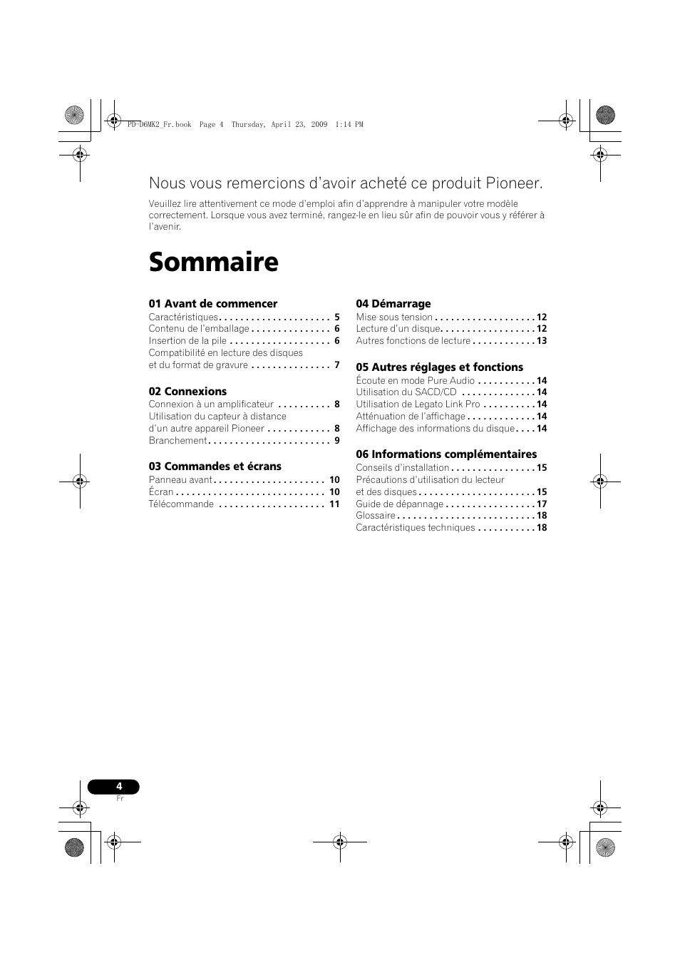 Lecteur super audio cd, Sommaire | Pioneer PD-D6MK2-K User Manual | Page 22 / 128