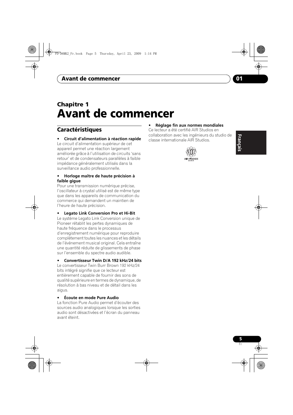 Caractéristiques, Avant de commencer, Avant de commencer 01 | Chapitre 1 | Pioneer PD-D6MK2-K User Manual | Page 23 / 128