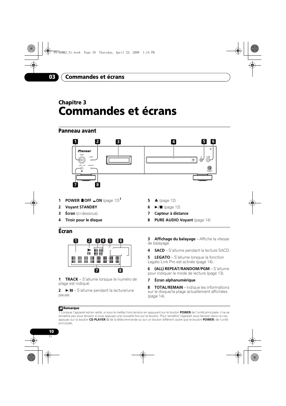 Panneau avant, Écran, Commandes et écrans | Commandes et écrans 03, Chapitre 3 | Pioneer PD-D6MK2-K User Manual | Page 28 / 128