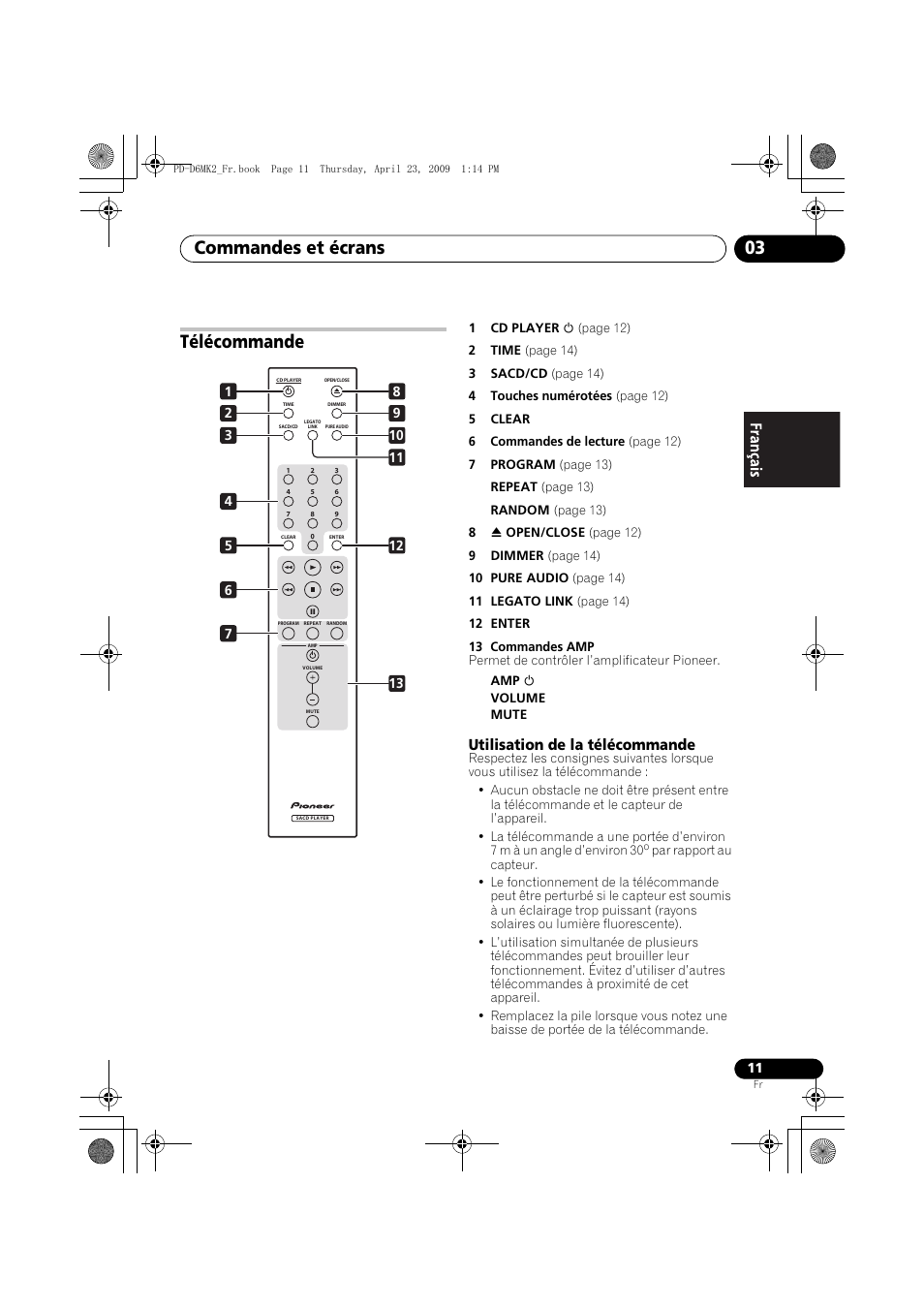 Télécommande, Commandes et écrans 03, Utilisation de la télécommande | Pioneer PD-D6MK2-K User Manual | Page 29 / 128