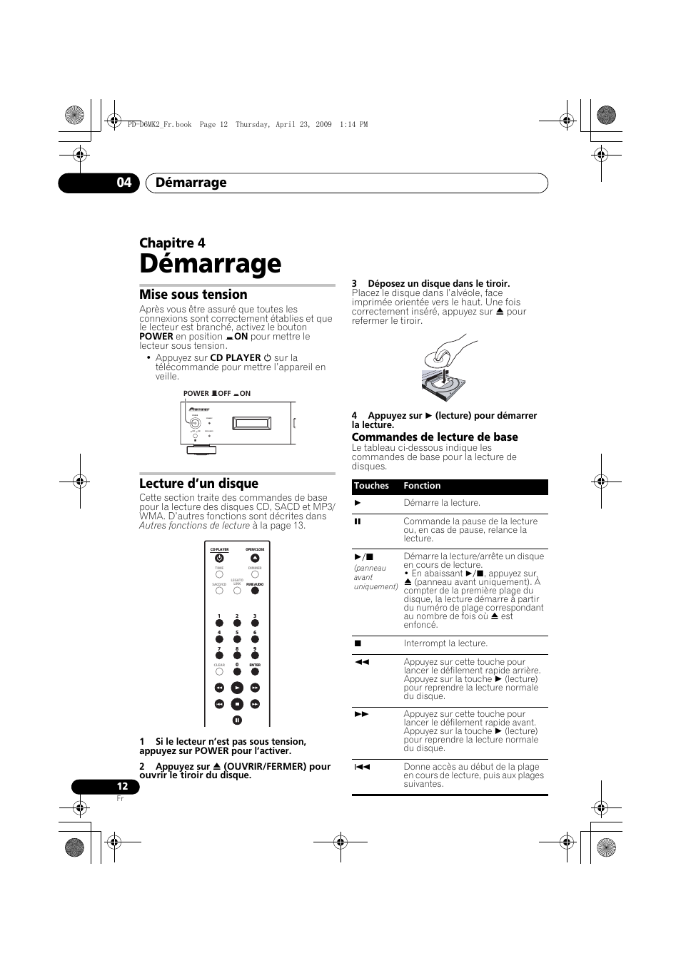 Mise sous tension, Lecture d’un disque, Démarrage | Démarrage 04, Chapitre 4, Commandes de lecture de base | Pioneer PD-D6MK2-K User Manual | Page 30 / 128