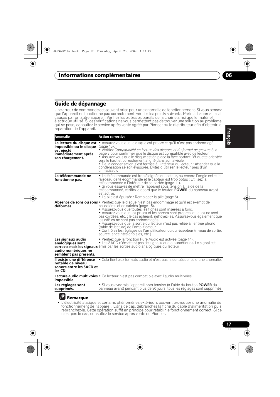 Guide de dépannage, Informations complémentaires 06 | Pioneer PD-D6MK2-K User Manual | Page 35 / 128
