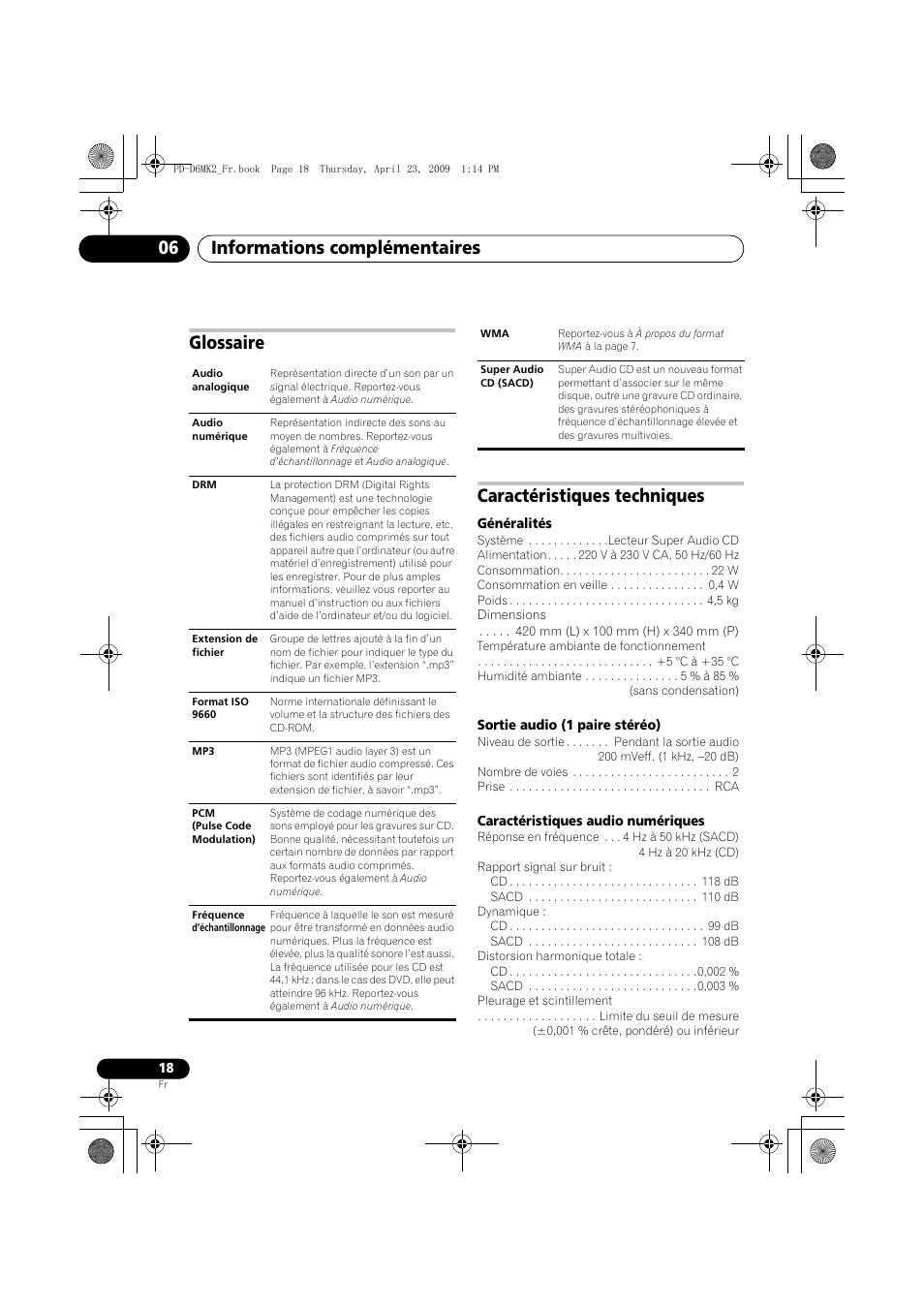 Glossaire, Caractéristiques techniques, Informations complémentaires 06 | Glossaire caractéristiques techniques | Pioneer PD-D6MK2-K User Manual | Page 36 / 128