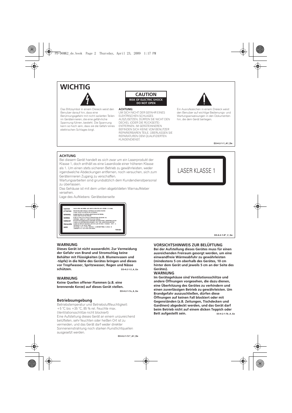 Wichtig, Laser klasse 1, Caution | Pioneer PD-D6MK2-K User Manual | Page 38 / 128