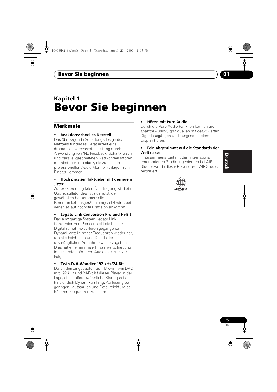 Merkmale, Bevor sie beginnen, Bevor sie beginnen 01 | Kapitel 1 | Pioneer PD-D6MK2-K User Manual | Page 41 / 128