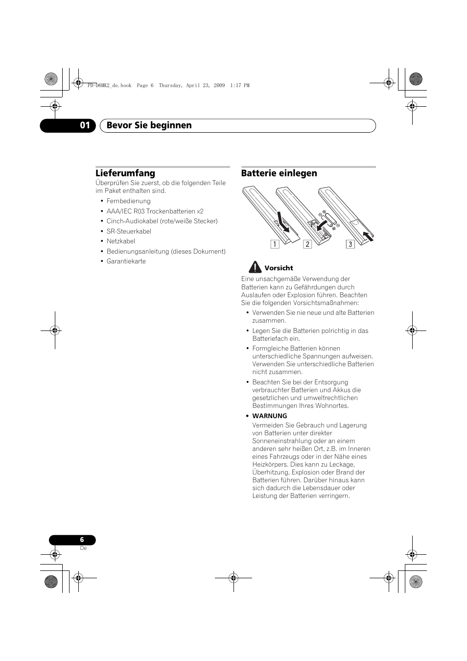Lieferumfang, Batterie einlegen, Bevor sie beginnen 01 | Pioneer PD-D6MK2-K User Manual | Page 42 / 128