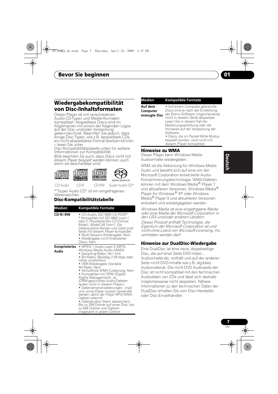 Bevor sie beginnen 01, Wiedergabekompatibilität von disc-/inhaltsformaten | Pioneer PD-D6MK2-K User Manual | Page 43 / 128