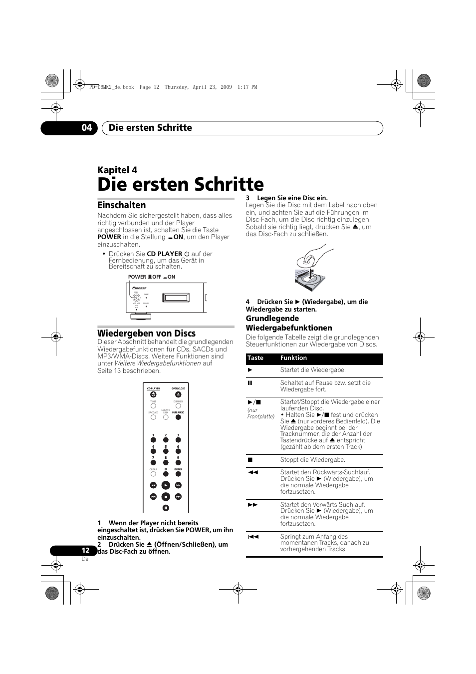 Einschalten, Wiedergeben von discs, Die ersten schritte | Die ersten schritte 04, Kapitel 4, Grundlegende wiedergabefunktionen | Pioneer PD-D6MK2-K User Manual | Page 48 / 128