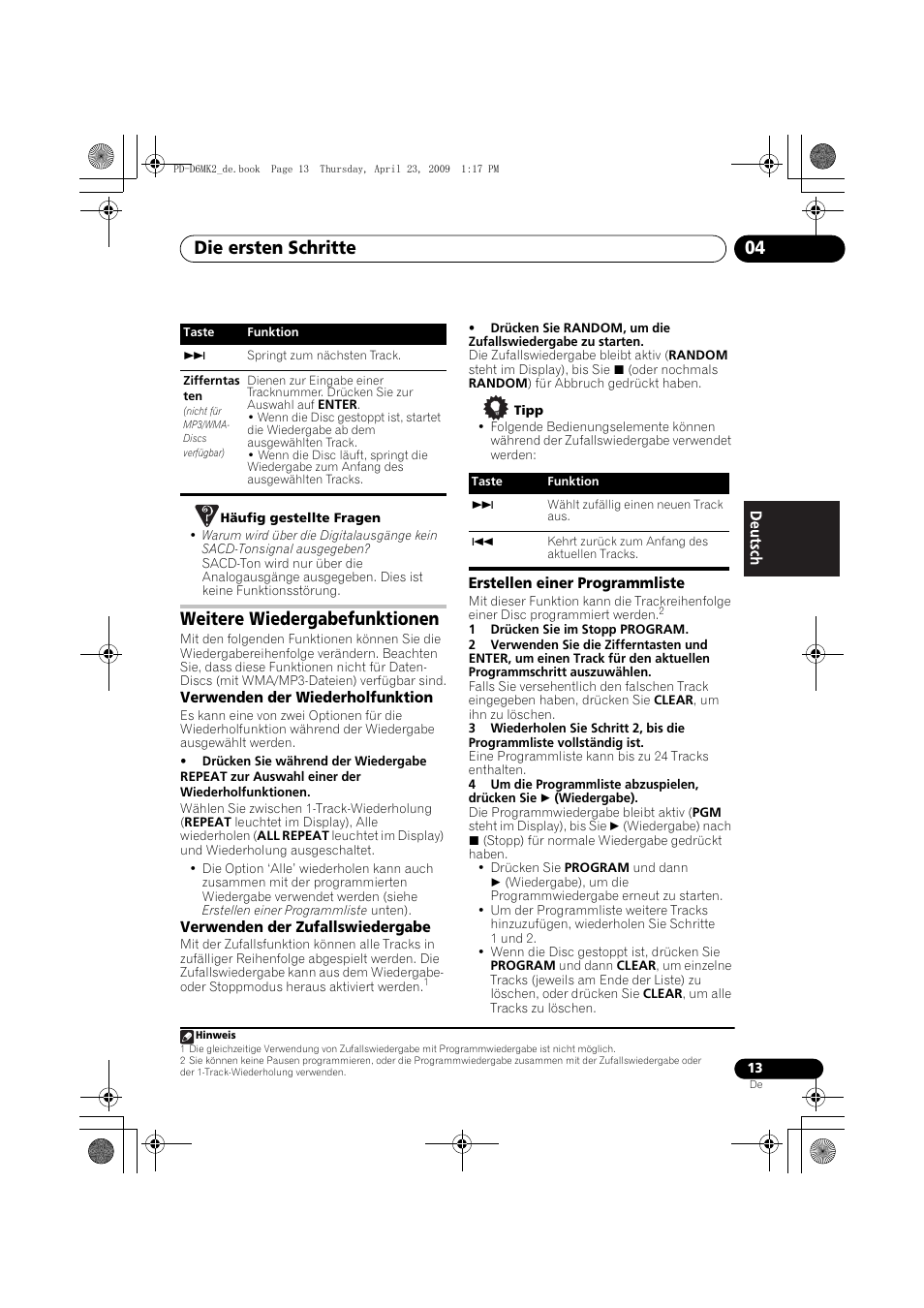 Weitere wiedergabefunktionen, Die ersten schritte 04 | Pioneer PD-D6MK2-K User Manual | Page 49 / 128