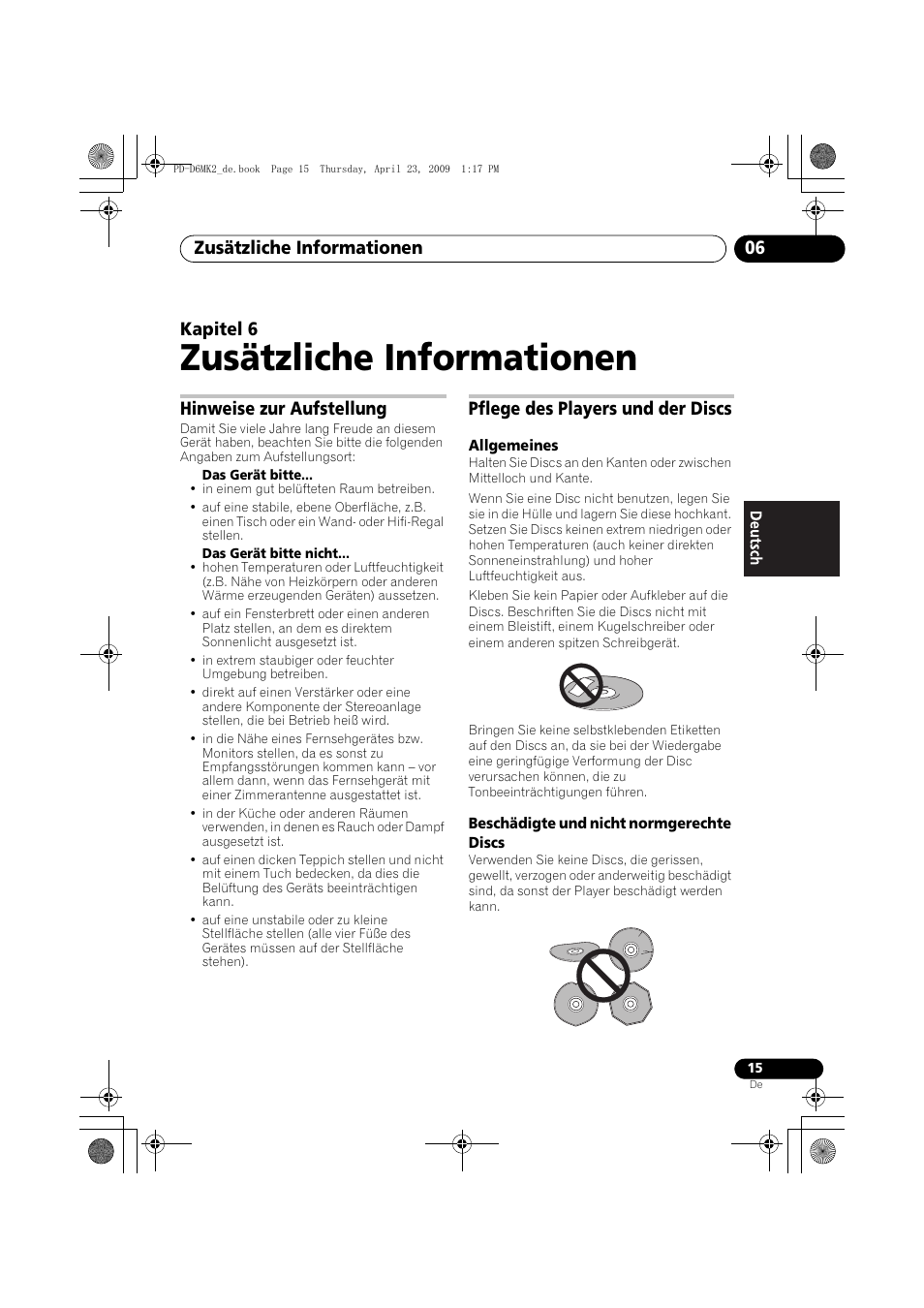 Hinweise zur aufstellung, Pflege des players und der discs, Zusätzliche informationen | Zusätzliche informationen 06, Kapitel 6 | Pioneer PD-D6MK2-K User Manual | Page 51 / 128