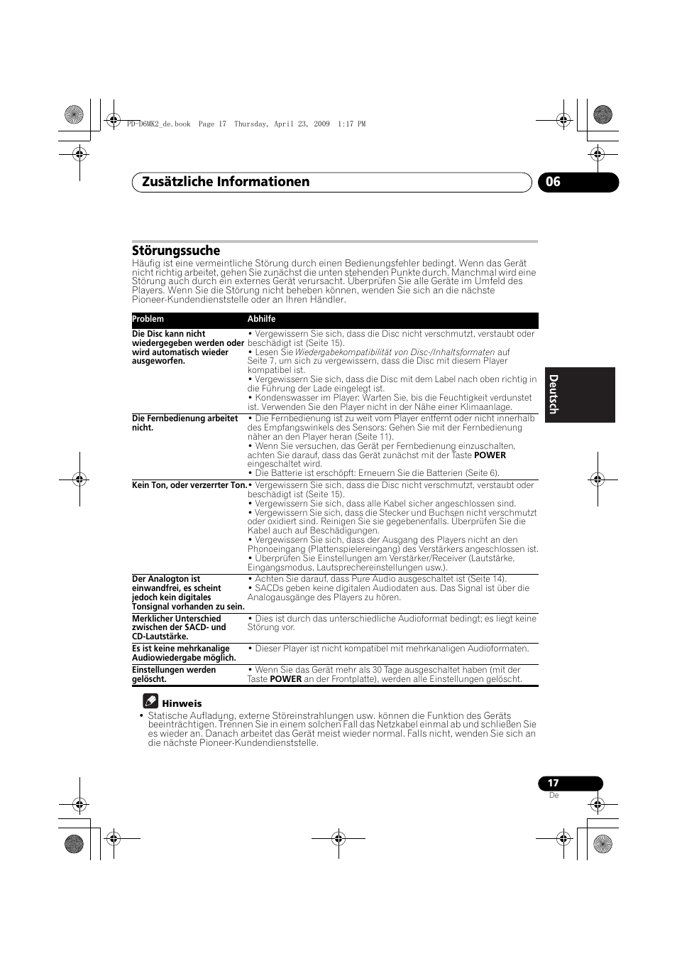 Störungssuche, Zusätzliche informationen 06 | Pioneer PD-D6MK2-K User Manual | Page 53 / 128