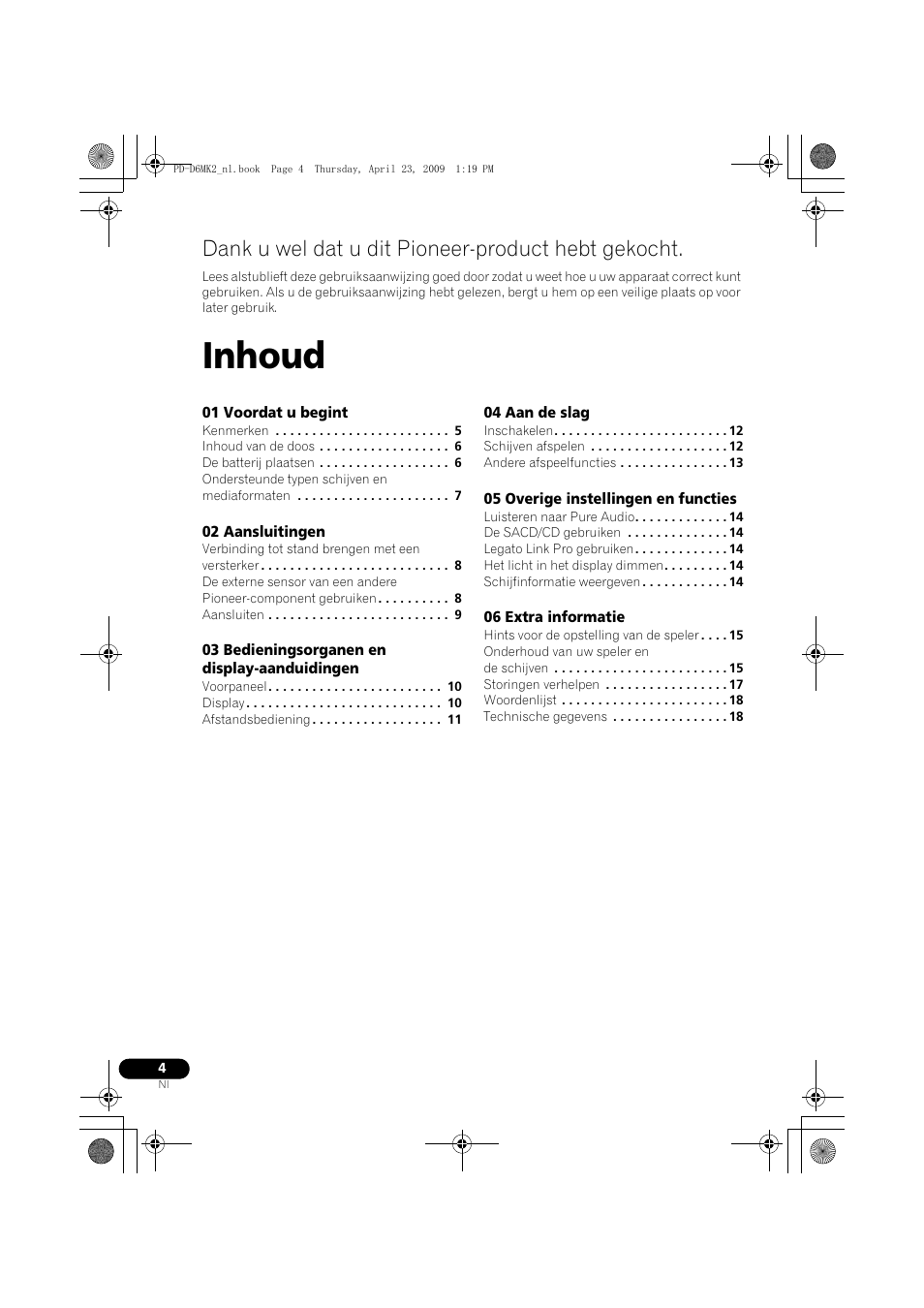 Super-audio cd-speler, Inhoud, Dank u wel dat u dit pioneer-product hebt gekocht | Pioneer PD-D6MK2-K User Manual | Page 58 / 128