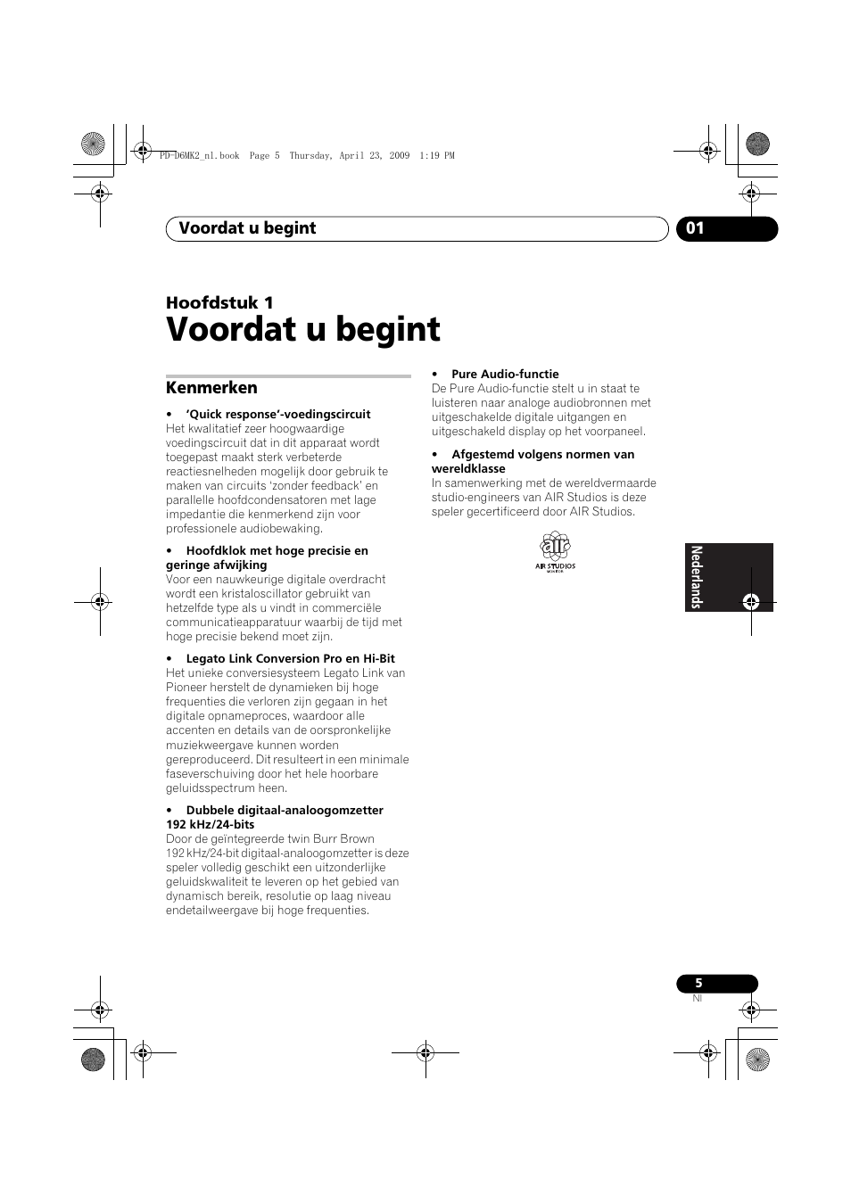 Kenmerken, Voordat u begint, Voordat u begint 01 | Hoofdstuk 1 | Pioneer PD-D6MK2-K User Manual | Page 59 / 128