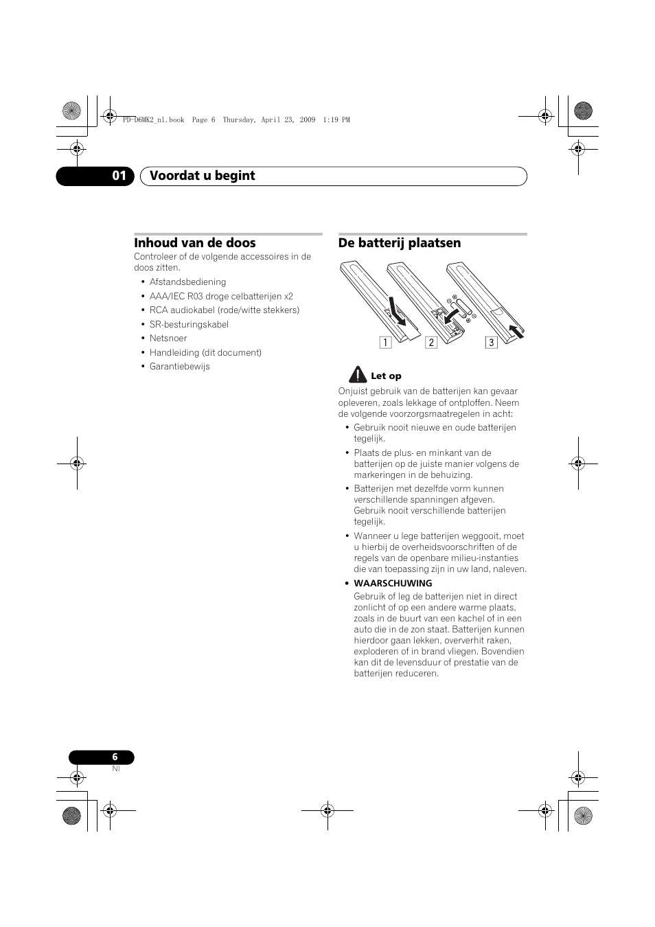 Inhoud van de doos, De batterij plaatsen, Voordat u begint 01 | Pioneer PD-D6MK2-K User Manual | Page 60 / 128