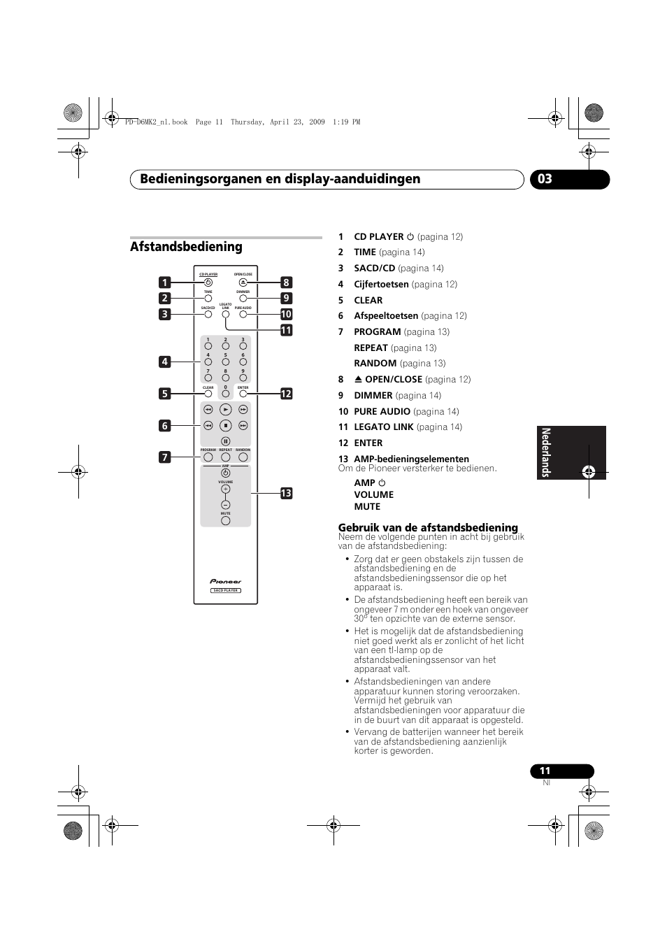 Afstandsbediening, Bedieningsorganen en display-aanduidingen 03, Gebruik van de afstandsbediening | Pioneer PD-D6MK2-K User Manual | Page 65 / 128