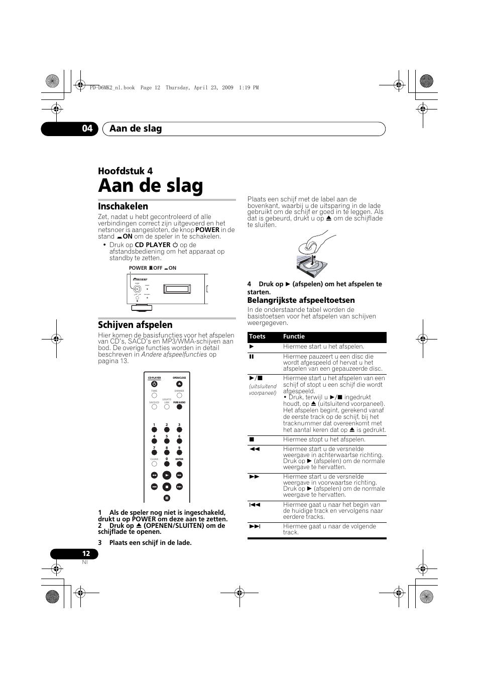 Inschakelen, Schijven afspelen, Aan de slag | Aan de slag 04, Hoofdstuk 4, Belangrijkste afspeeltoetsen | Pioneer PD-D6MK2-K User Manual | Page 66 / 128