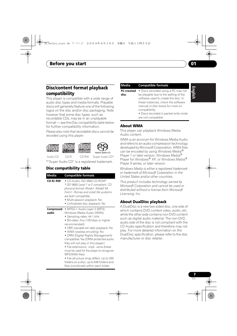 Disc/content format playback compatibility, Before you start 01 | Pioneer PD-D6MK2-K User Manual | Page 7 / 128