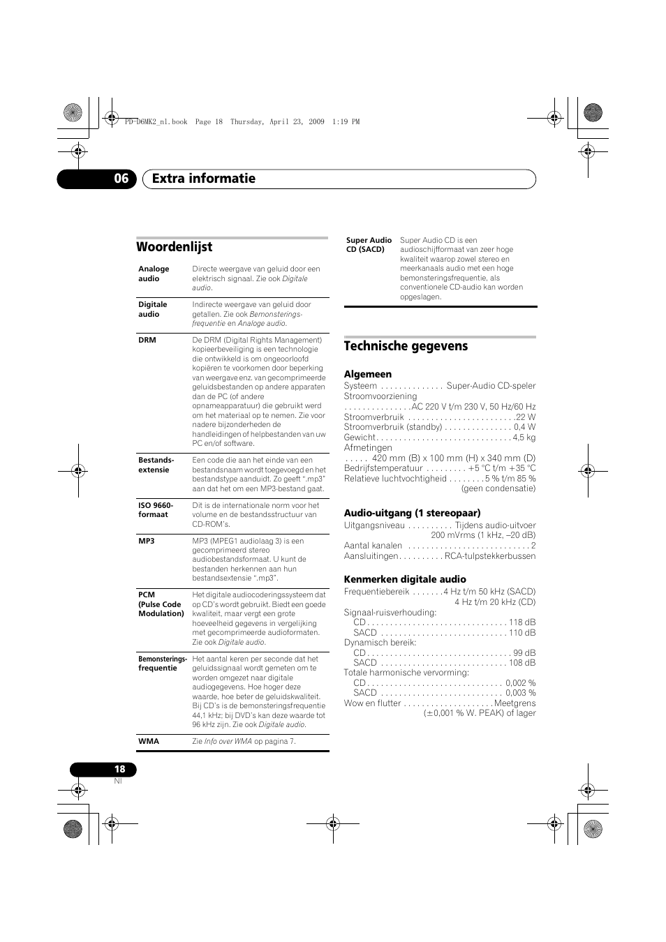 Woordenlijst, Technische gegevens, Extra informatie 06 | Woordenlijst technische gegevens | Pioneer PD-D6MK2-K User Manual | Page 72 / 128