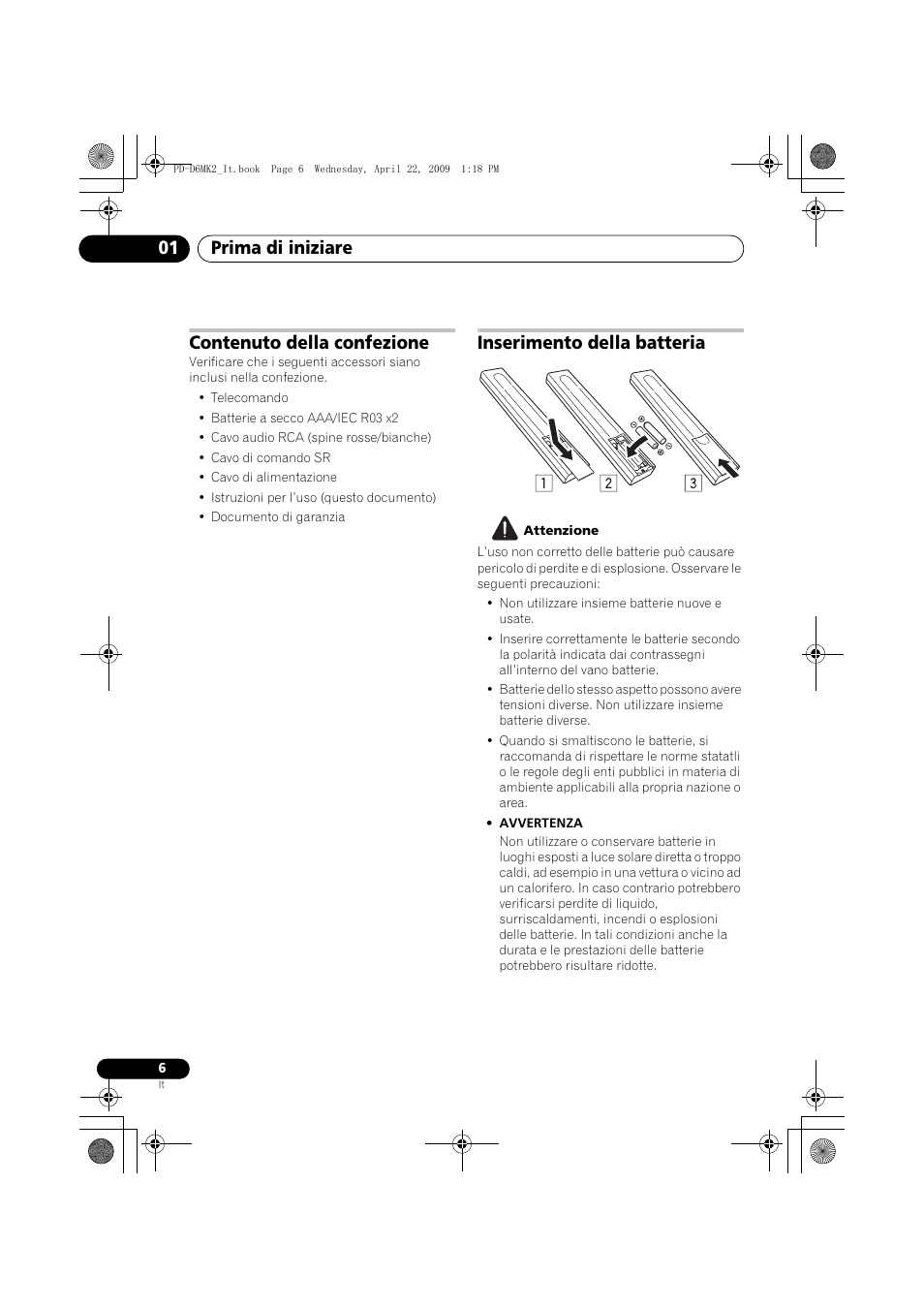 Contenuto della confezione, Inserimento della batteria, Prima di iniziare 01 | Pioneer PD-D6MK2-K User Manual | Page 78 / 128