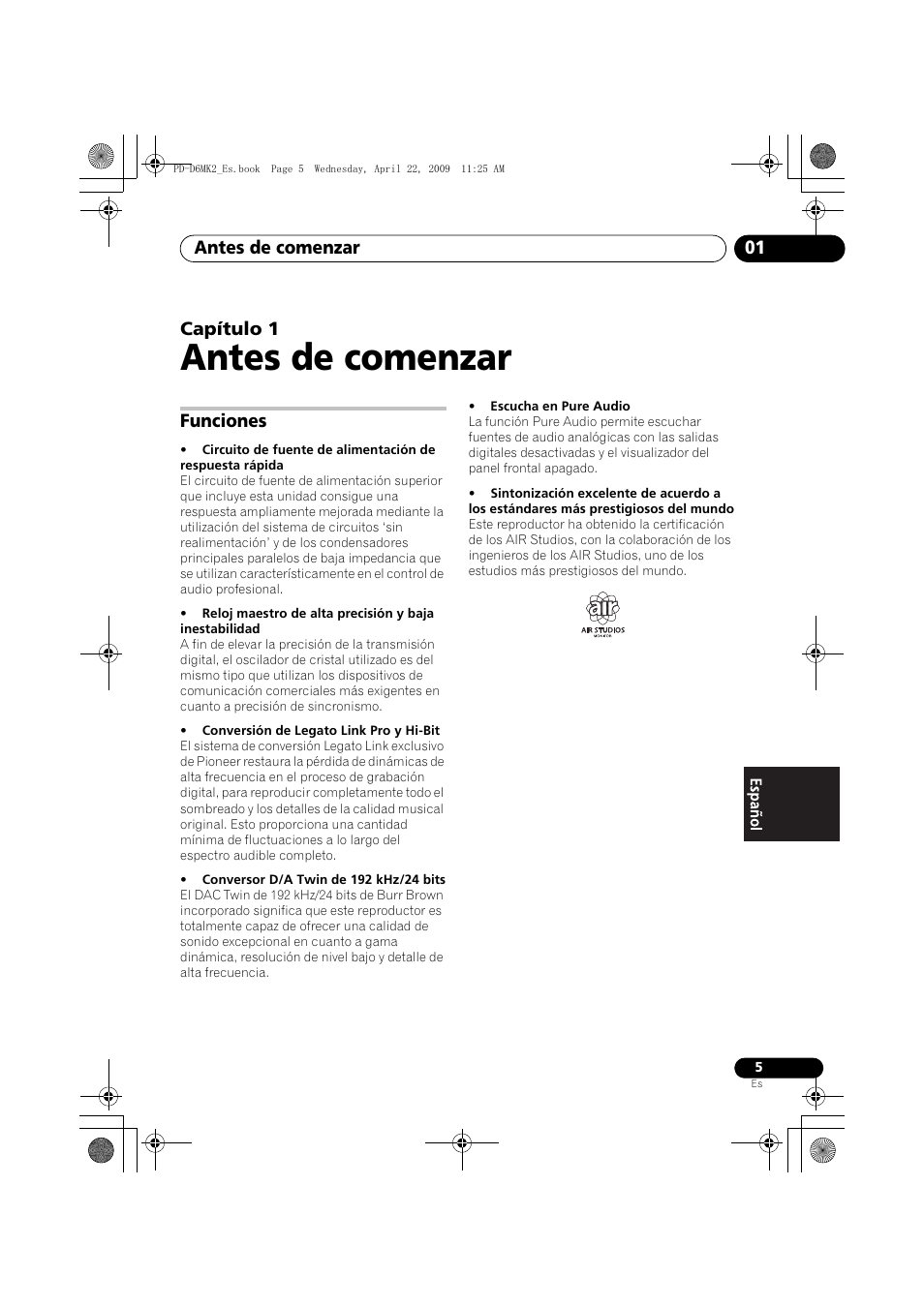 Funciones, Antes de comenzar, Antes de comenzar 01 | Capítulo 1 | Pioneer PD-D6MK2-K User Manual | Page 95 / 128