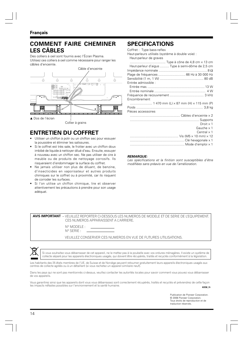 Entretien du coffret, Comment faire cheminer les câbles, Specifications | Français | Pioneer PDP-S41 User Manual | Page 14 / 39