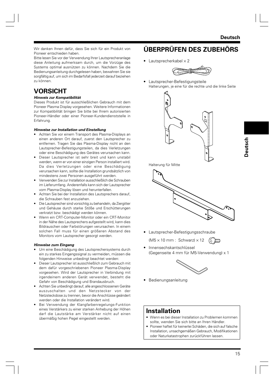 Bedienungsanleitung, Vorsicht, Überprüfen des zubehörs | Installation, Deutsch | Pioneer PDP-S41 User Manual | Page 15 / 39