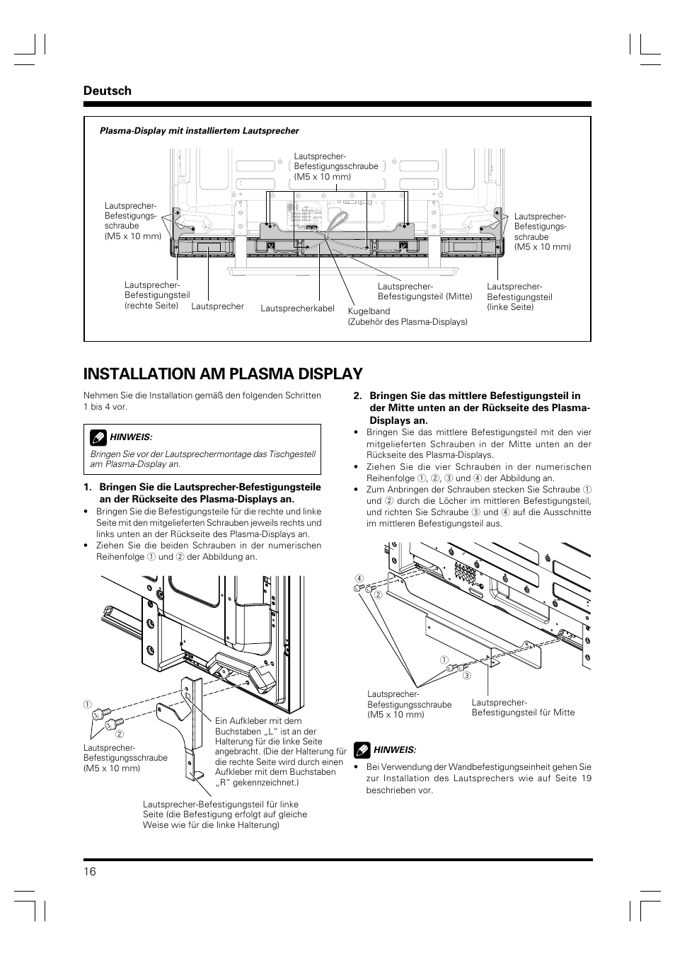 Installation am plasma display, Deutsch | Pioneer PDP-S41 User Manual | Page 16 / 39
