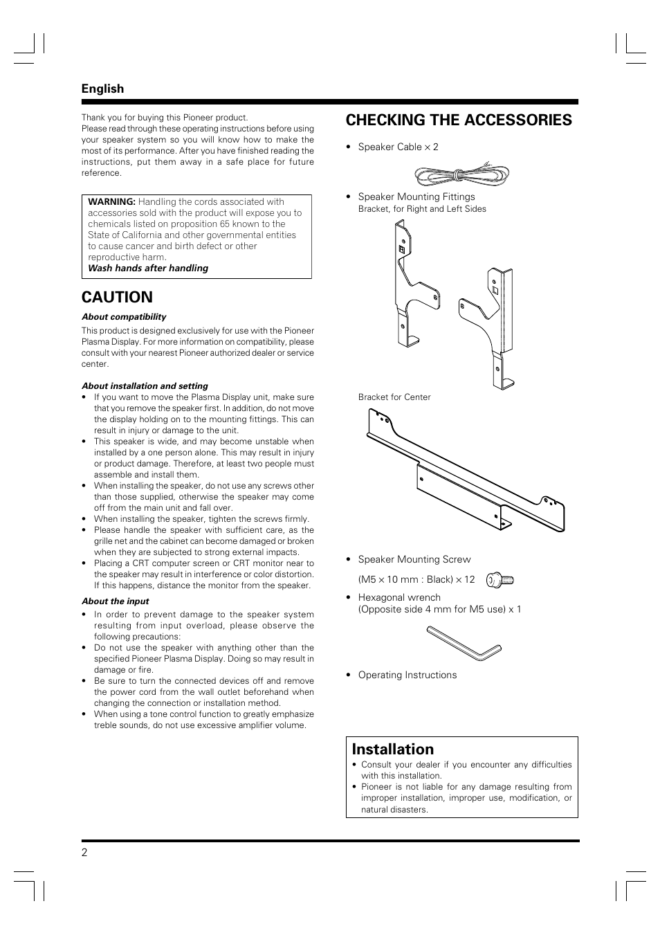 Pdp-s41, Operating instructions, Caution | Checking the accessories, Installation, English | Pioneer PDP-S41 User Manual | Page 2 / 39