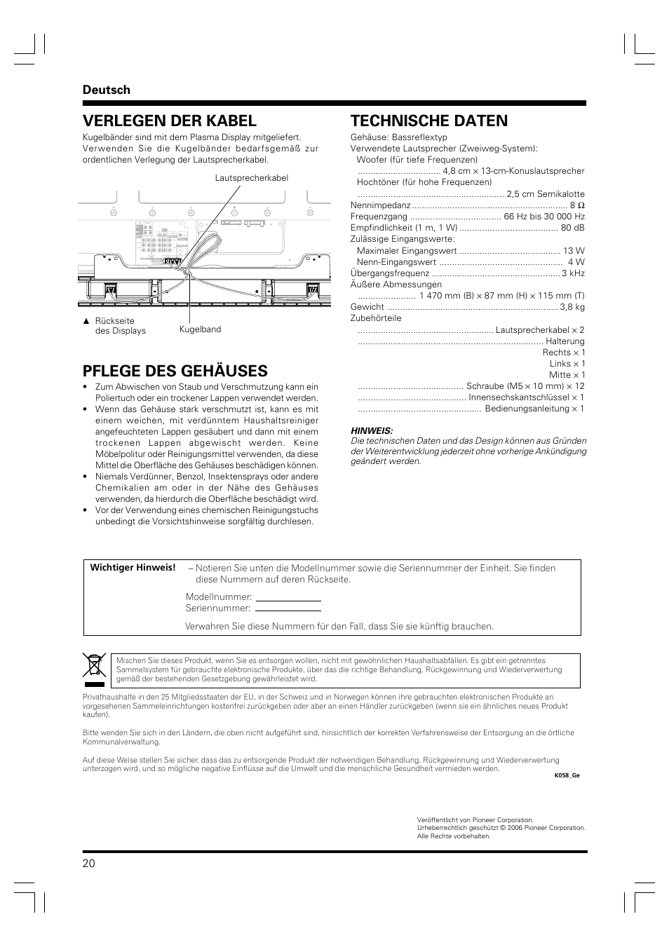 Pflege des gehäuses, Verlegen der kabel, Technische daten | Deutsch | Pioneer PDP-S41 User Manual | Page 20 / 39