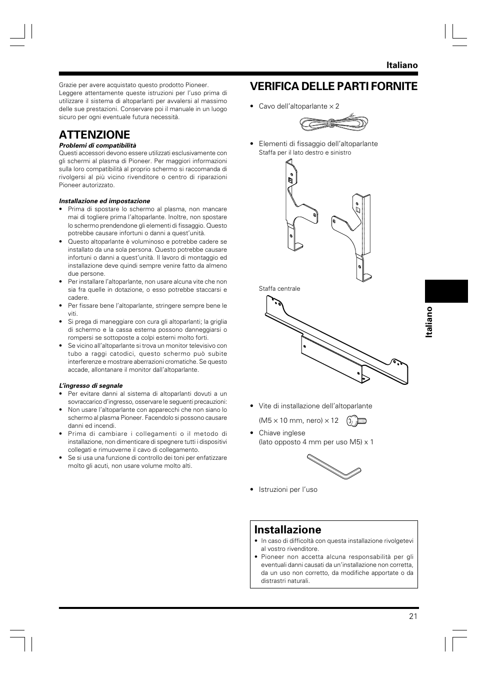 Istruzioni per l’uso, Attenzione, Verifica delle parti fornite | Installazione, Italiano | Pioneer PDP-S41 User Manual | Page 21 / 39