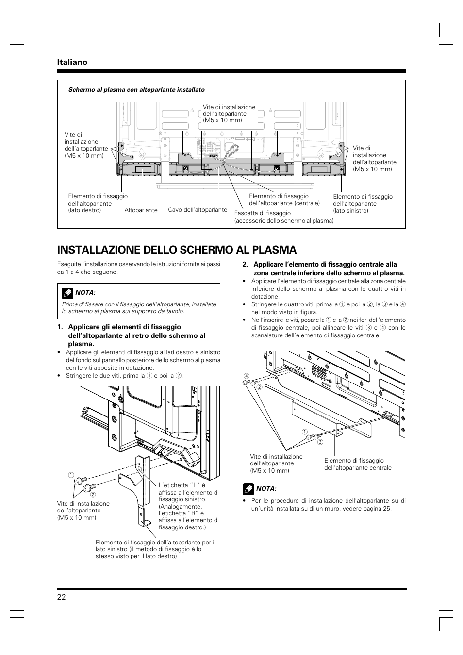 Installazione dello schermo al plasma, Italiano | Pioneer PDP-S41 User Manual | Page 22 / 39