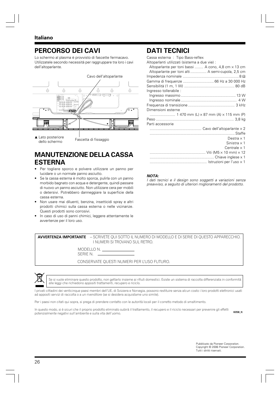 Manutenzione della cassa esterna, Percorso dei cavi, Dati tecnici | Italiano | Pioneer PDP-S41 User Manual | Page 26 / 39