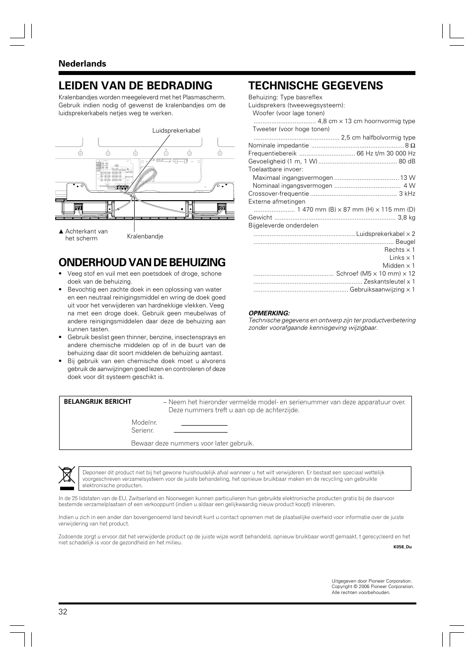 Onderhoud van de behuizing, Leiden van de bedrading, Technische gegevens | Nederlands | Pioneer PDP-S41 User Manual | Page 32 / 39