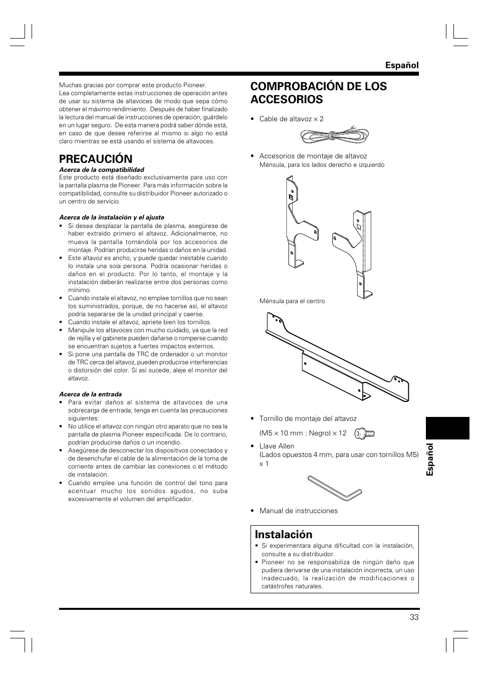 Manual de instrucciones, Precaución, Comprobación de los accesorios | Instalación, Español | Pioneer PDP-S41 User Manual | Page 33 / 39
