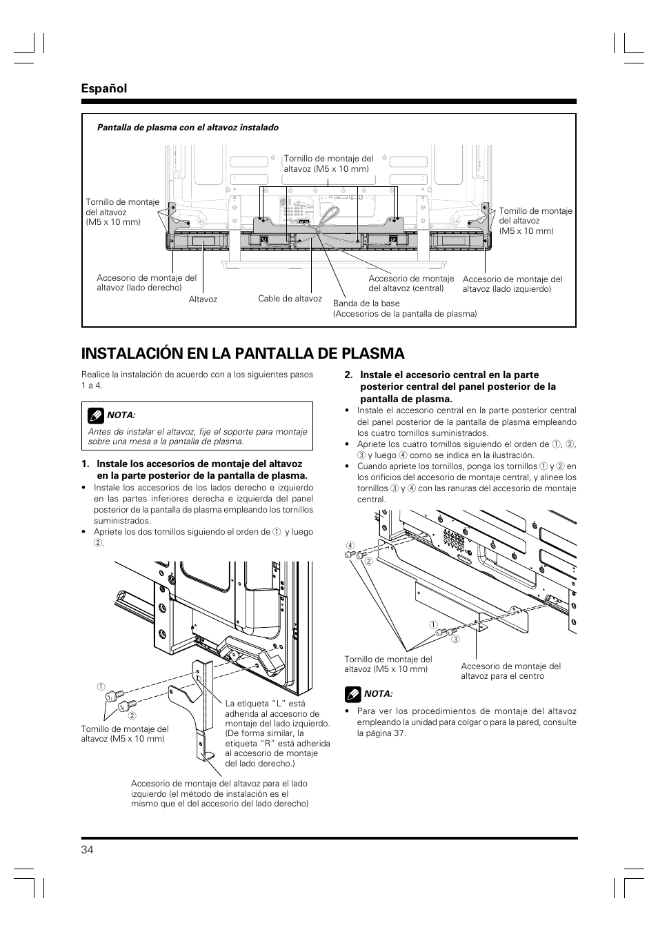 Instalación en la pantalla de plasma, Español | Pioneer PDP-S41 User Manual | Page 34 / 39