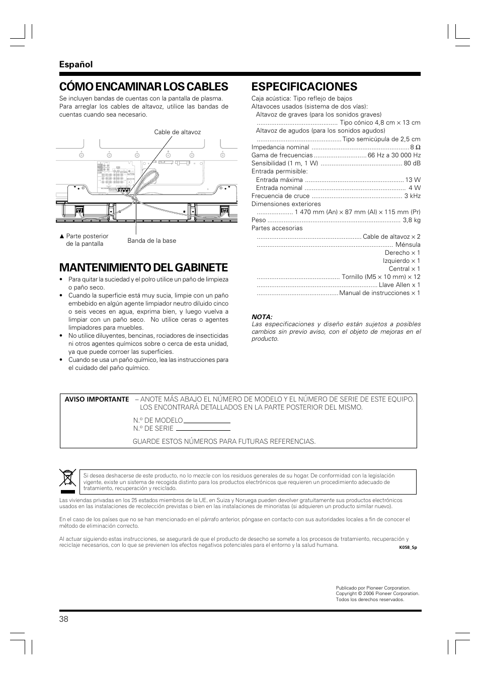 Mantenimiento del gabinete, Cómo encaminar los cables, Especificaciones | Español | Pioneer PDP-S41 User Manual | Page 38 / 39