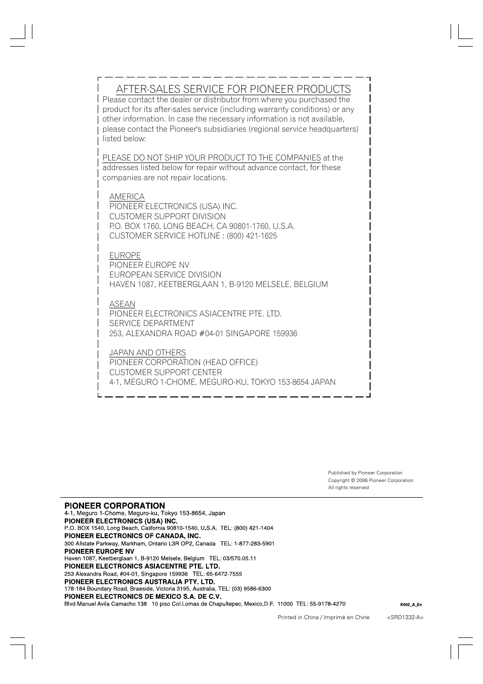After-sales service for pioneer products | Pioneer PDP-S41 User Manual | Page 39 / 39